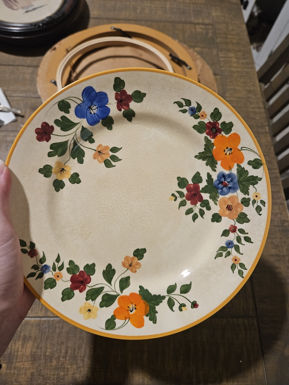 Hand-Painted Floral Dinner Plate with Yellow Rim